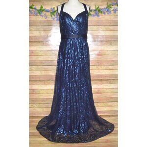 Angelina Faccenda Blue Sequin Sleeveless V-Neck Formal Gown Dress Size 16 Prom